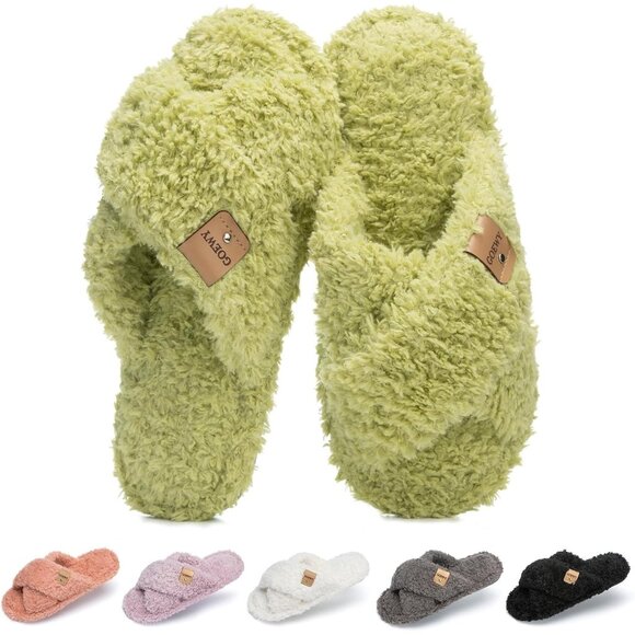 ⚡Women’s Grass Green Faux Fur Cozy Fuzzy Cross Band Slippers House Shoes - Picture 1 of 6